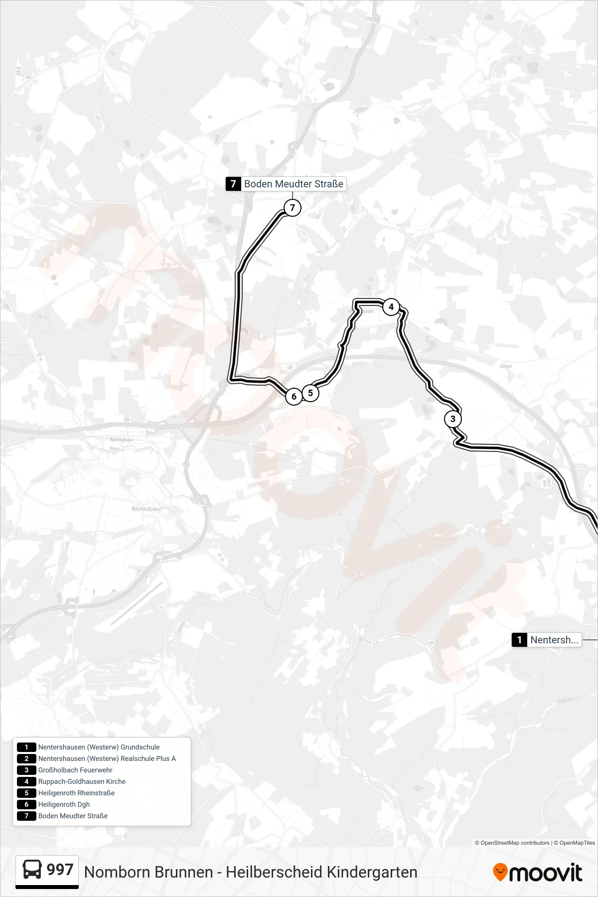 997 bus Line (Boden Meudter Straße) route and stops on a map