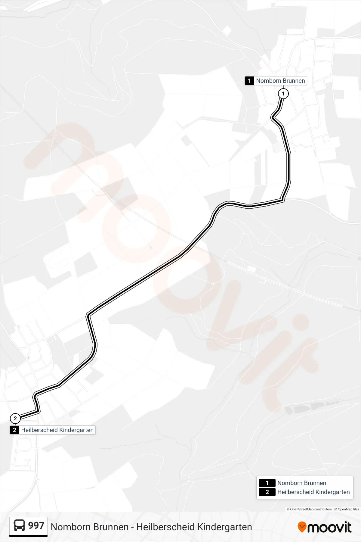 997 bus Line (Heilberscheid Kindergarten) route and stops on a map