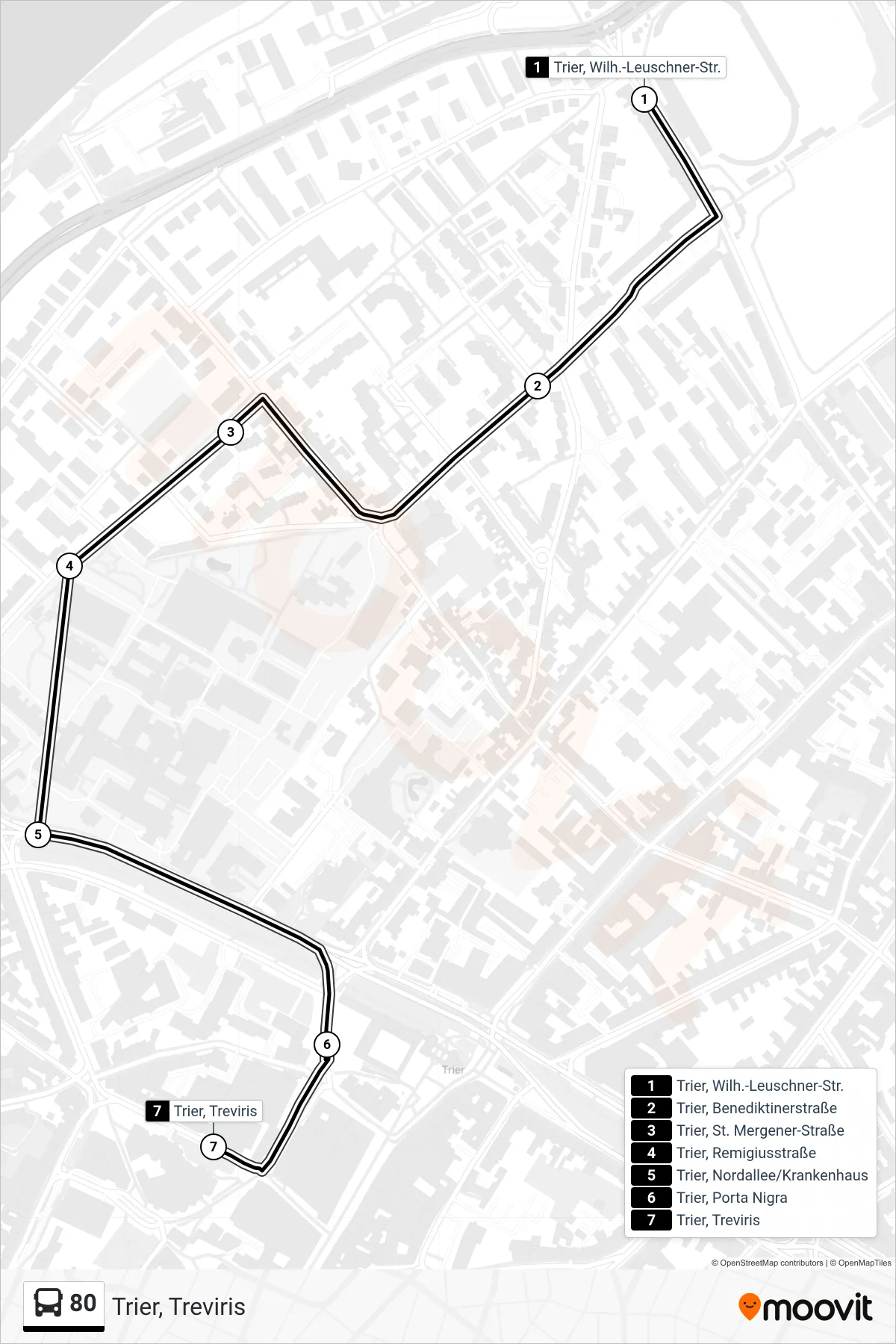 80 bus Line (Trier, Treviris) route and stops on a map