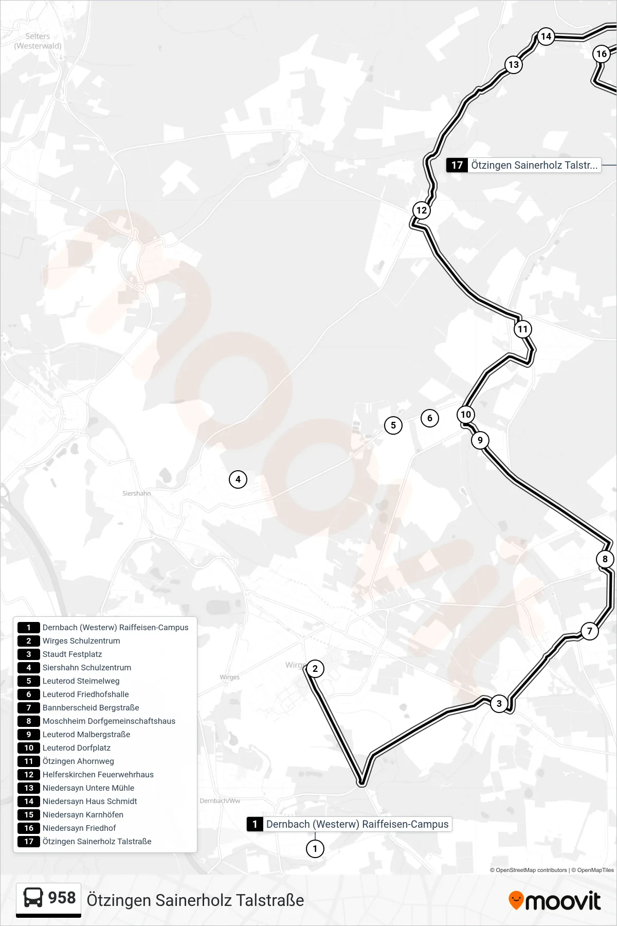 958 bus Line (Ötzingen Sainerholz Talstraße) route and stops on a map