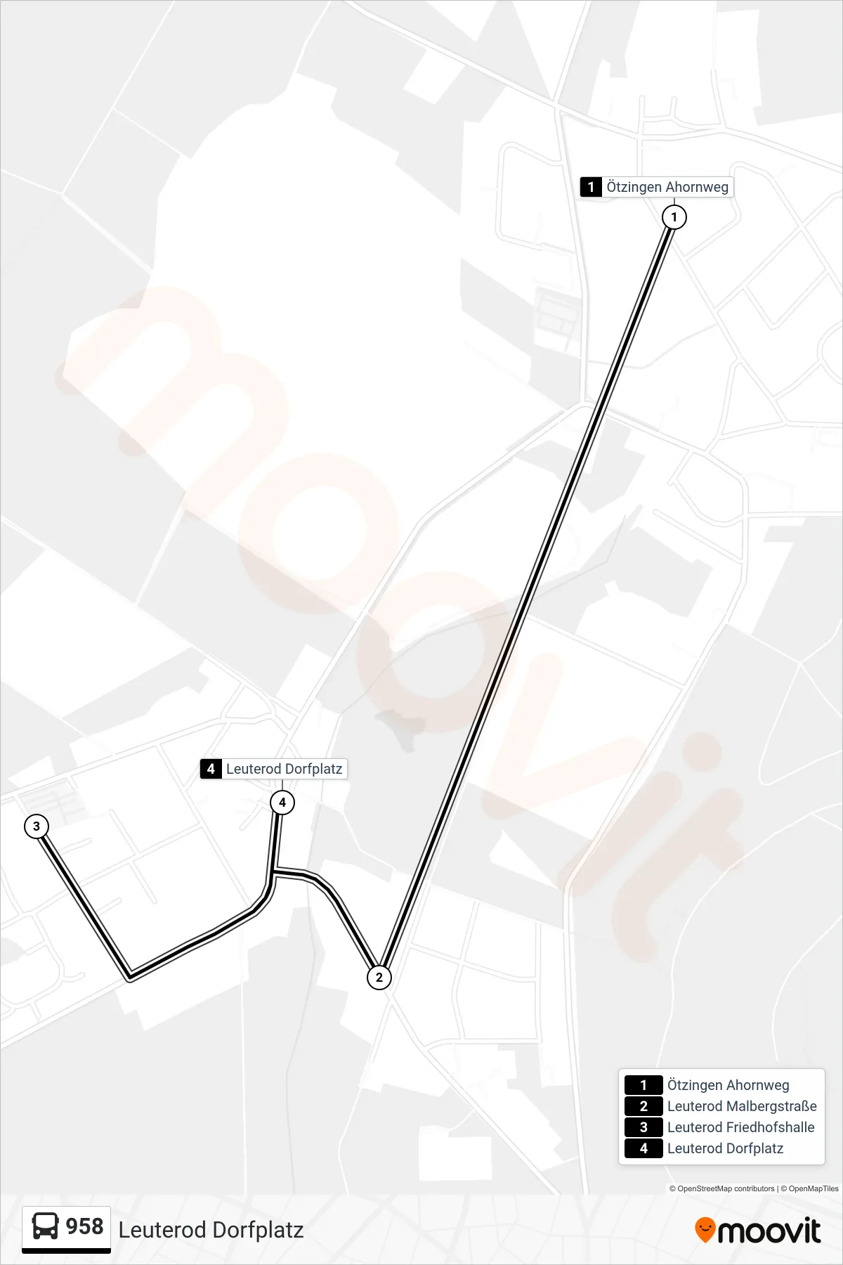 958 bus Line (Leuterod Dorfplatz) route and stops on a map
