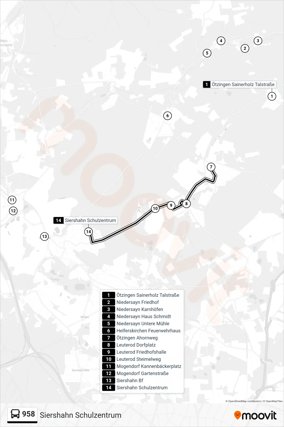 958 bus Line (Siershahn Schulzentrum) route and stops on a map