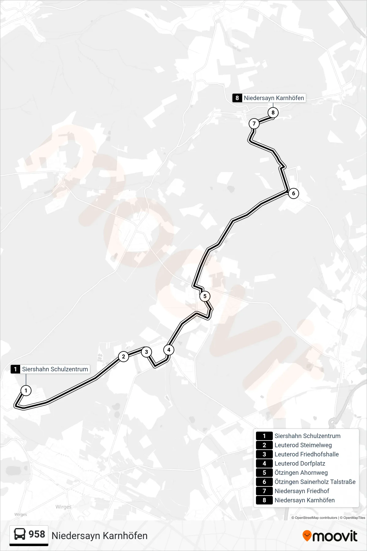 958 bus Line (Niedersayn Karnhöfen) route and stops on a map