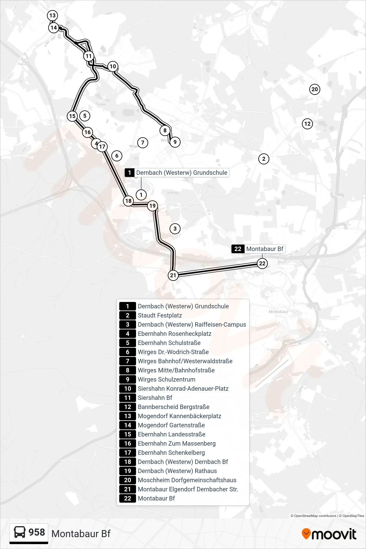 958 bus Line (Montabaur Bf) route and stops on a map