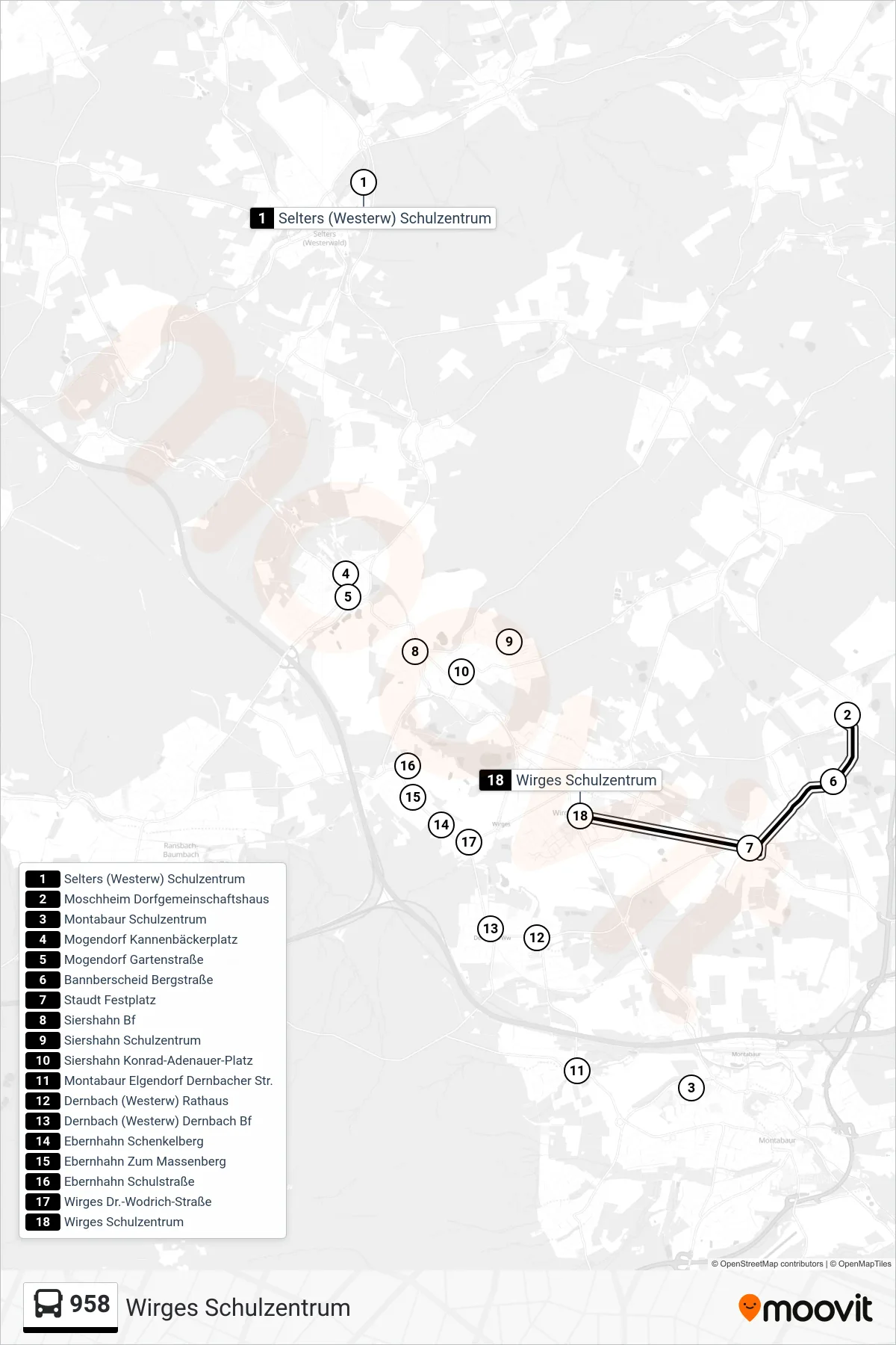 958 bus Line (Wirges Schulzentrum) route and stops on a map