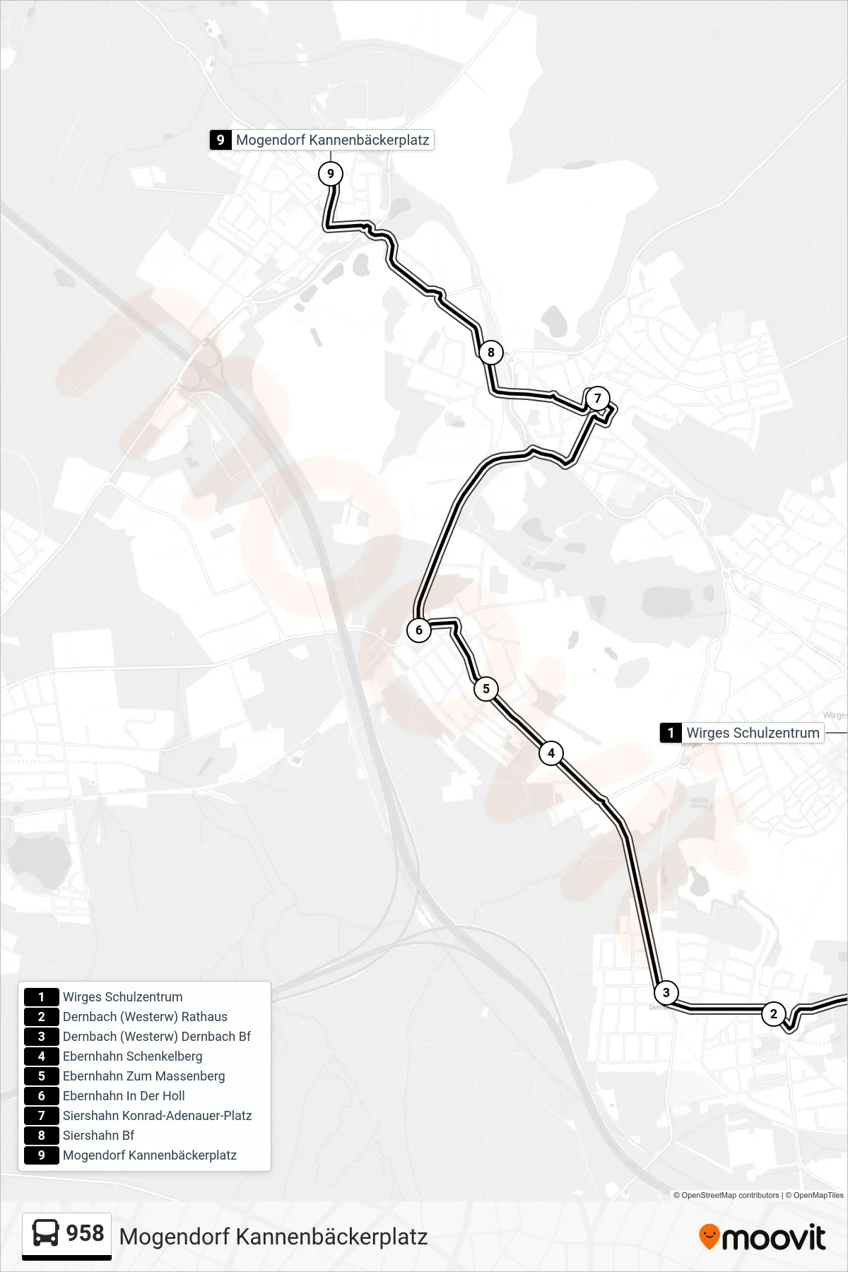 958 bus Line (Mogendorf Kannenbäckerplatz) route and stops on a map