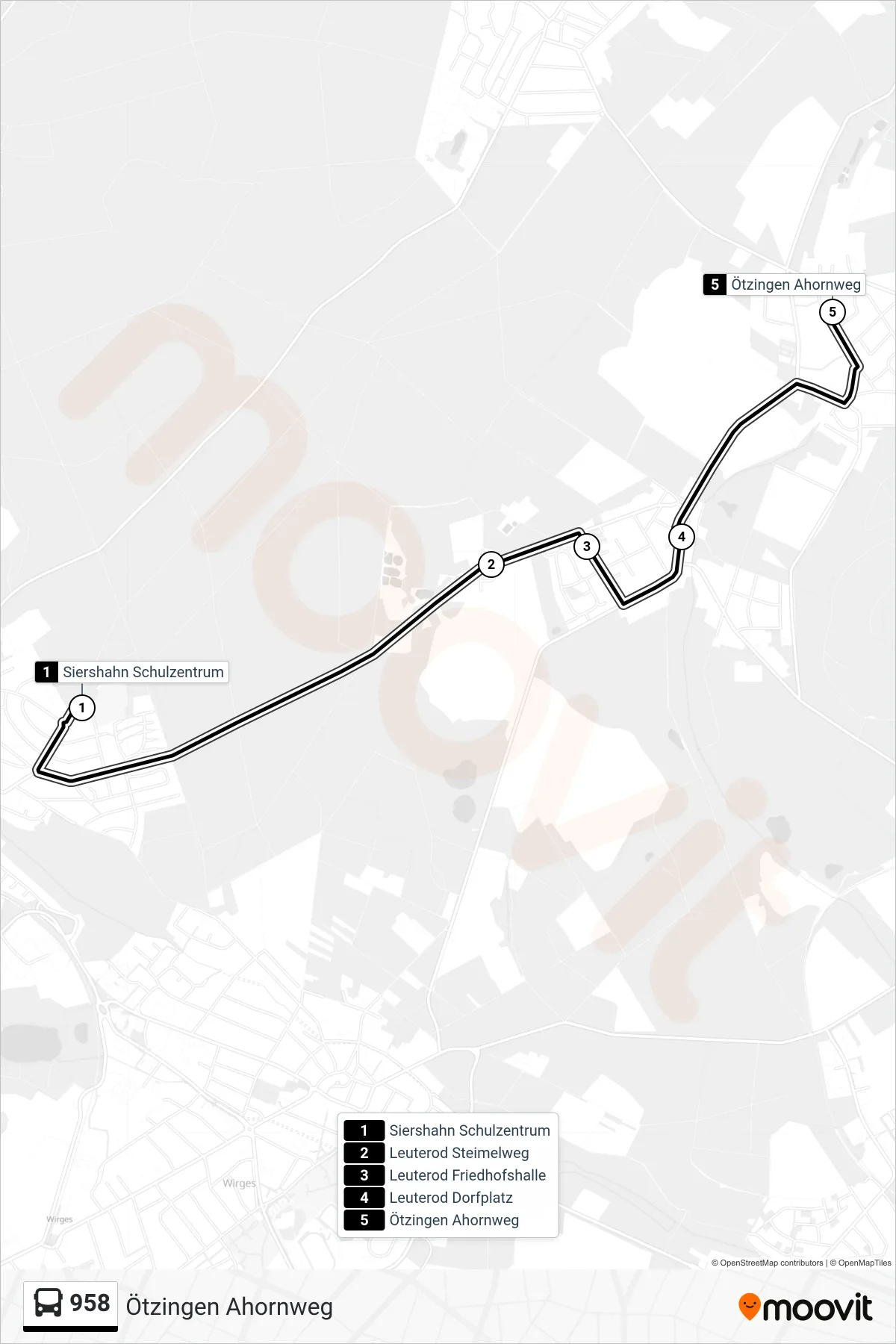 958 bus Line (Ötzingen Ahornweg) route and stops on a map