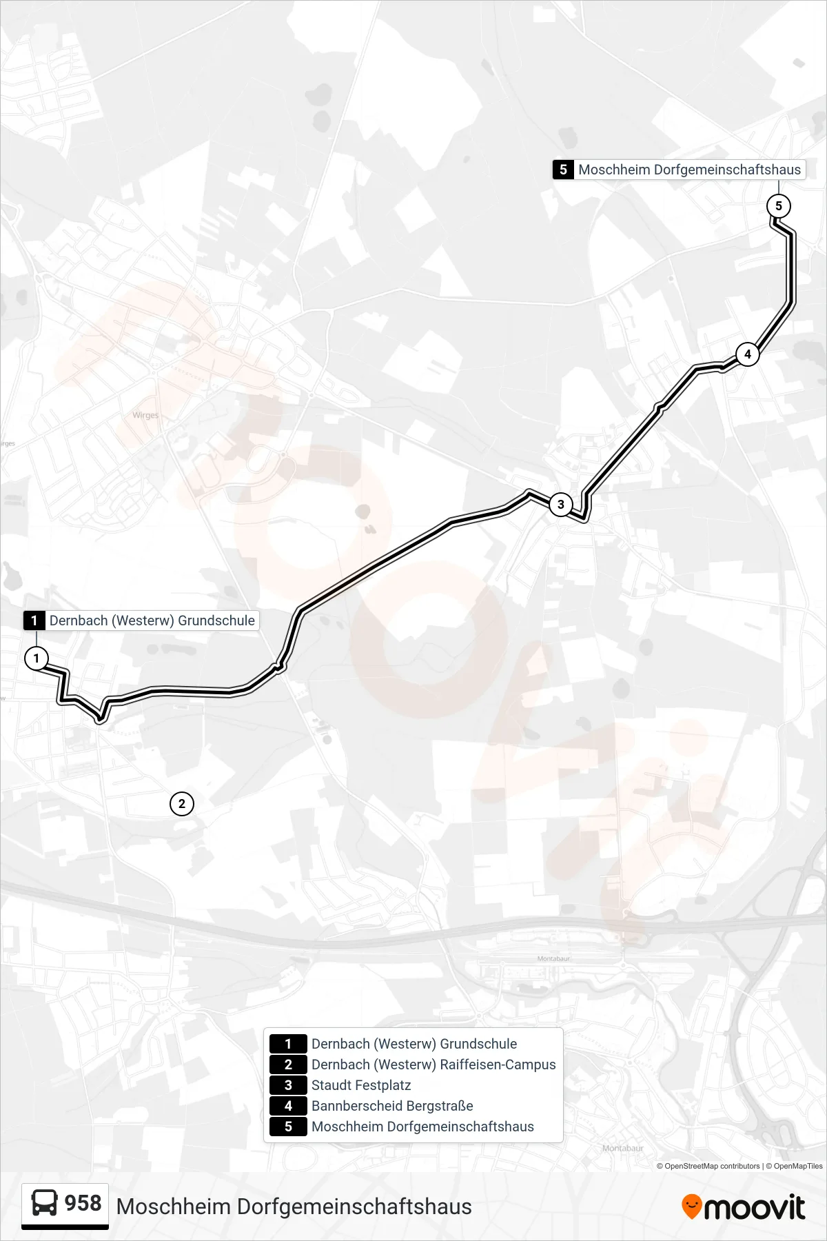 958 bus Line (Moschheim Dorfgemeinschaftshaus) route and stops on a map
