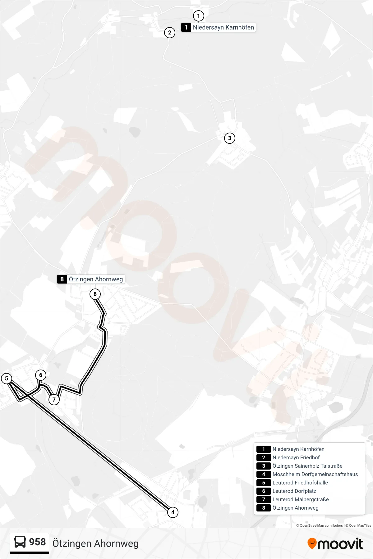 958 bus Line (Ötzingen Ahornweg) route and stops on a map