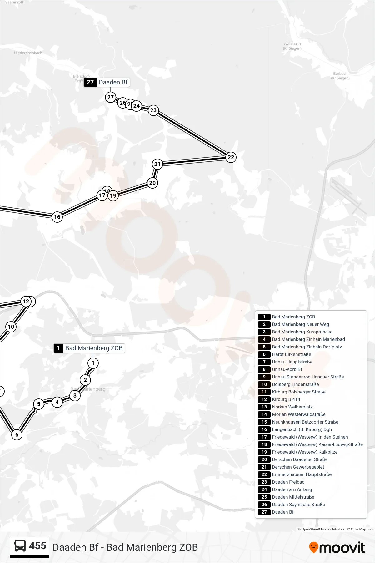 Linie 455 (Bus) Richtung Daaden Bf: Route und Haltestellen auf der Karte
