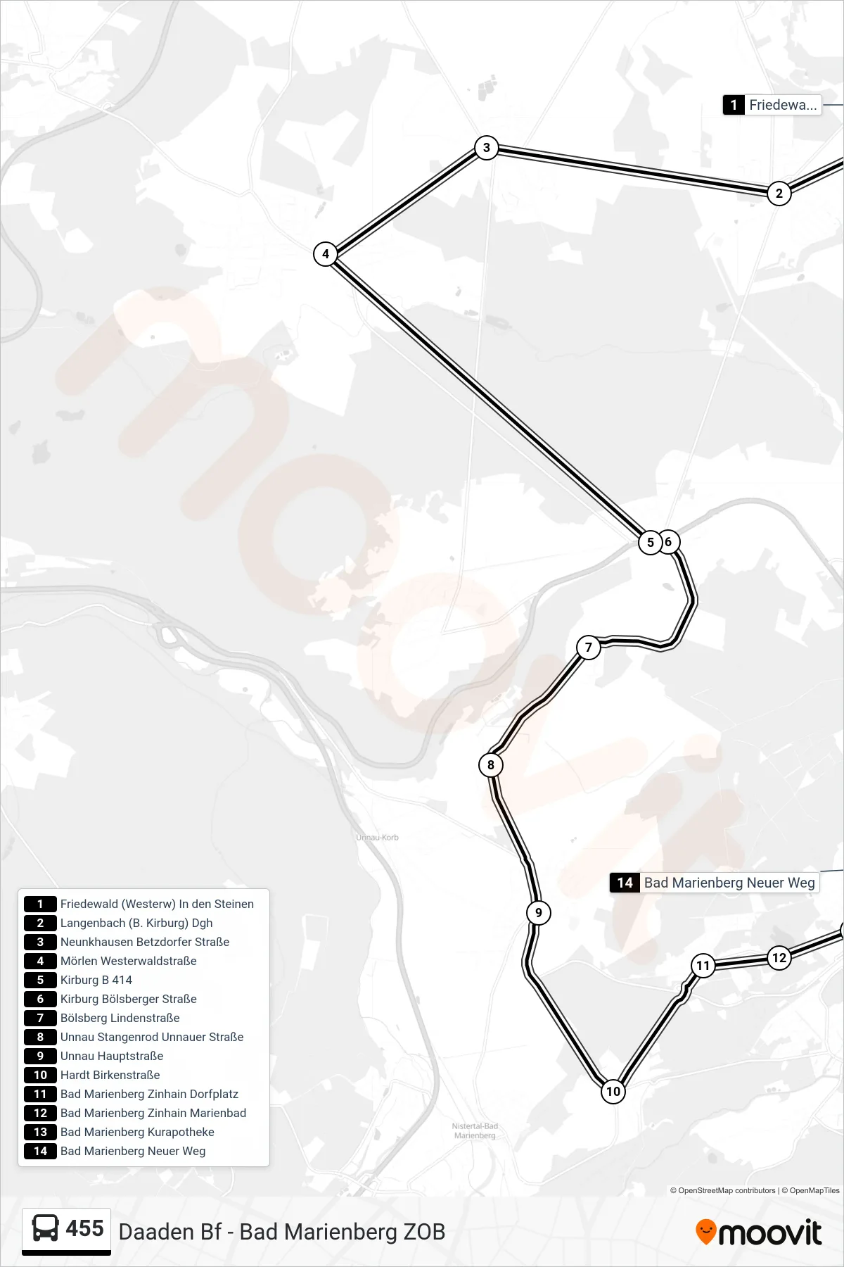 455 bus Line (Bad Marienberg Neuer Weg) route and stops on a map
