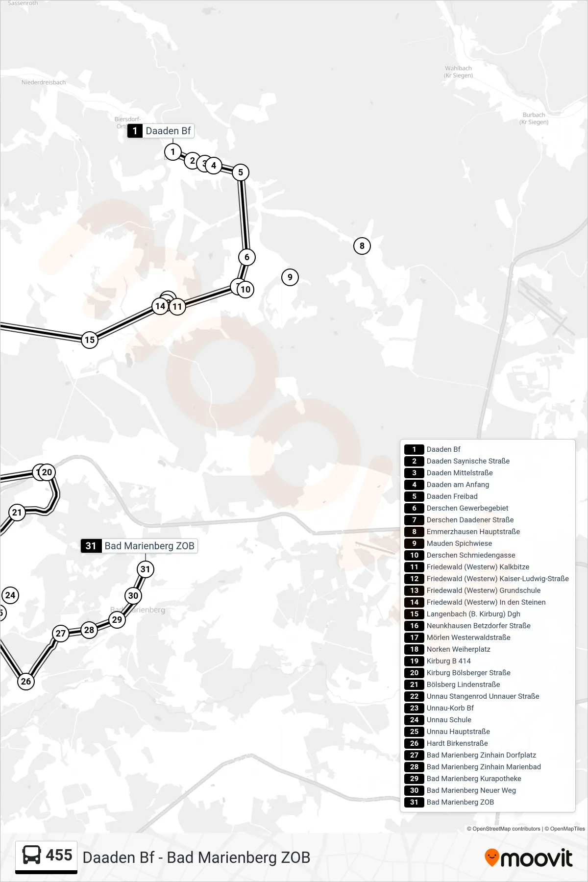 455 bus Line (Bad Marienberg ZOB) route and stops on a map