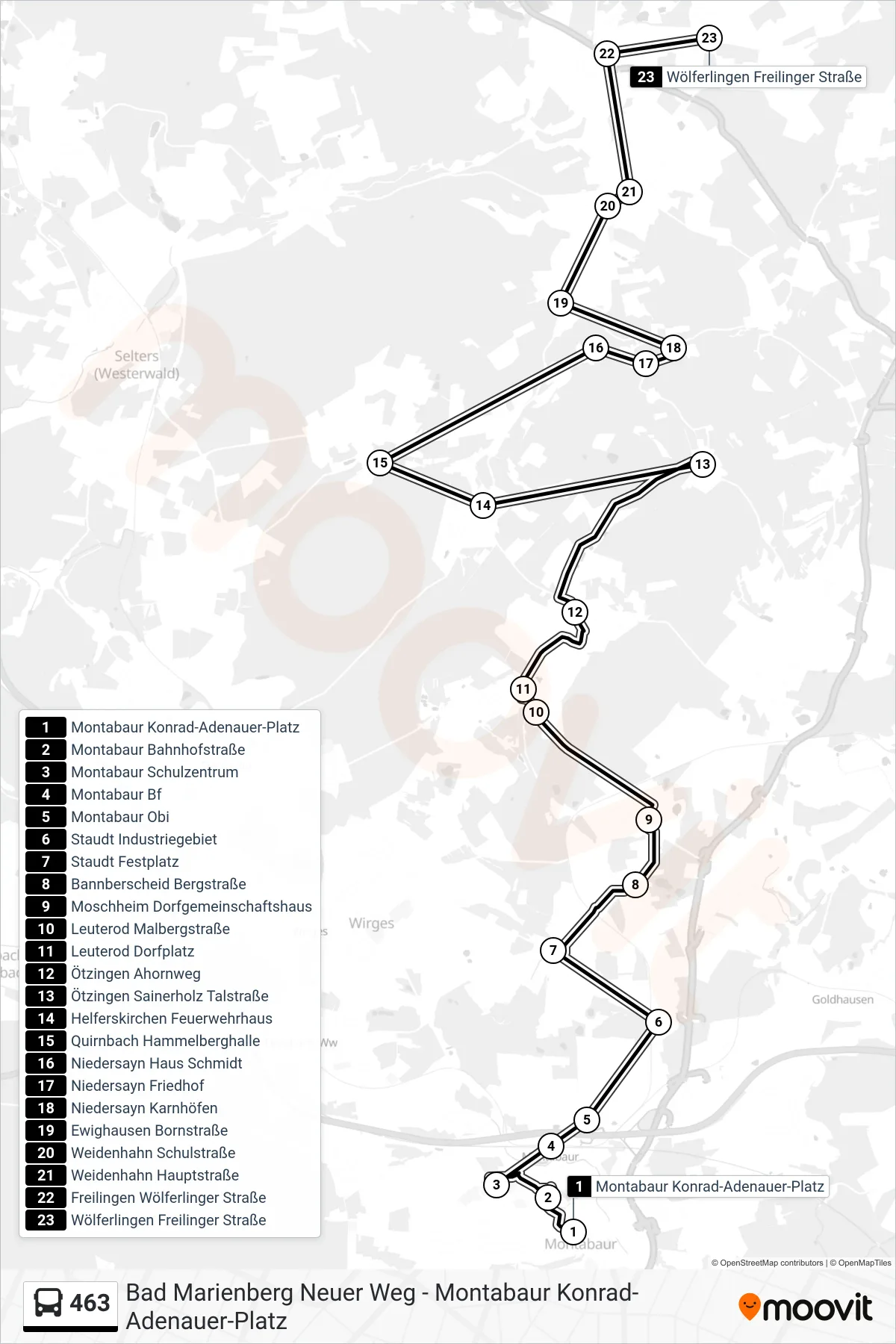463 bus Line (Wölferlingen Freilinger Straße) route and stops on a map