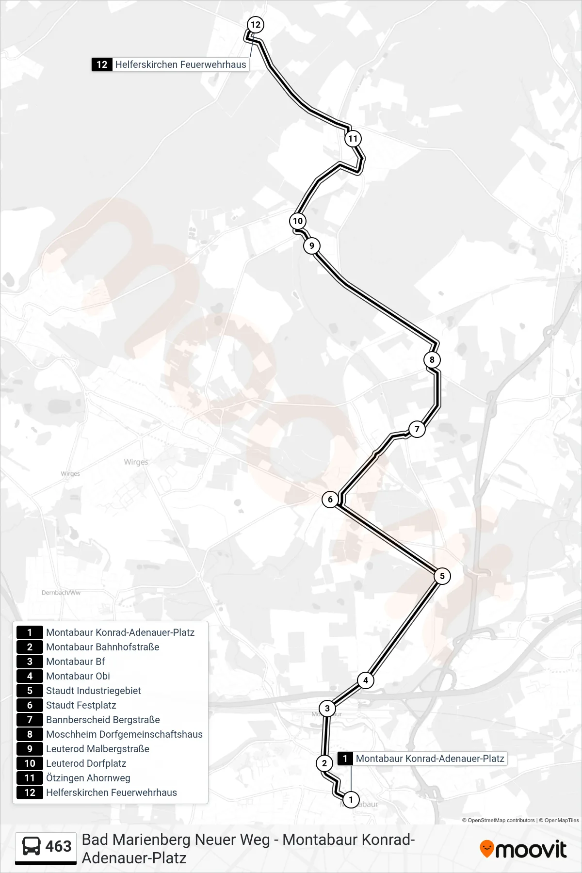 Linie 463 (Bus) Richtung Helferskirchen Feuerwehrhaus: Route und Haltestellen auf der Karte