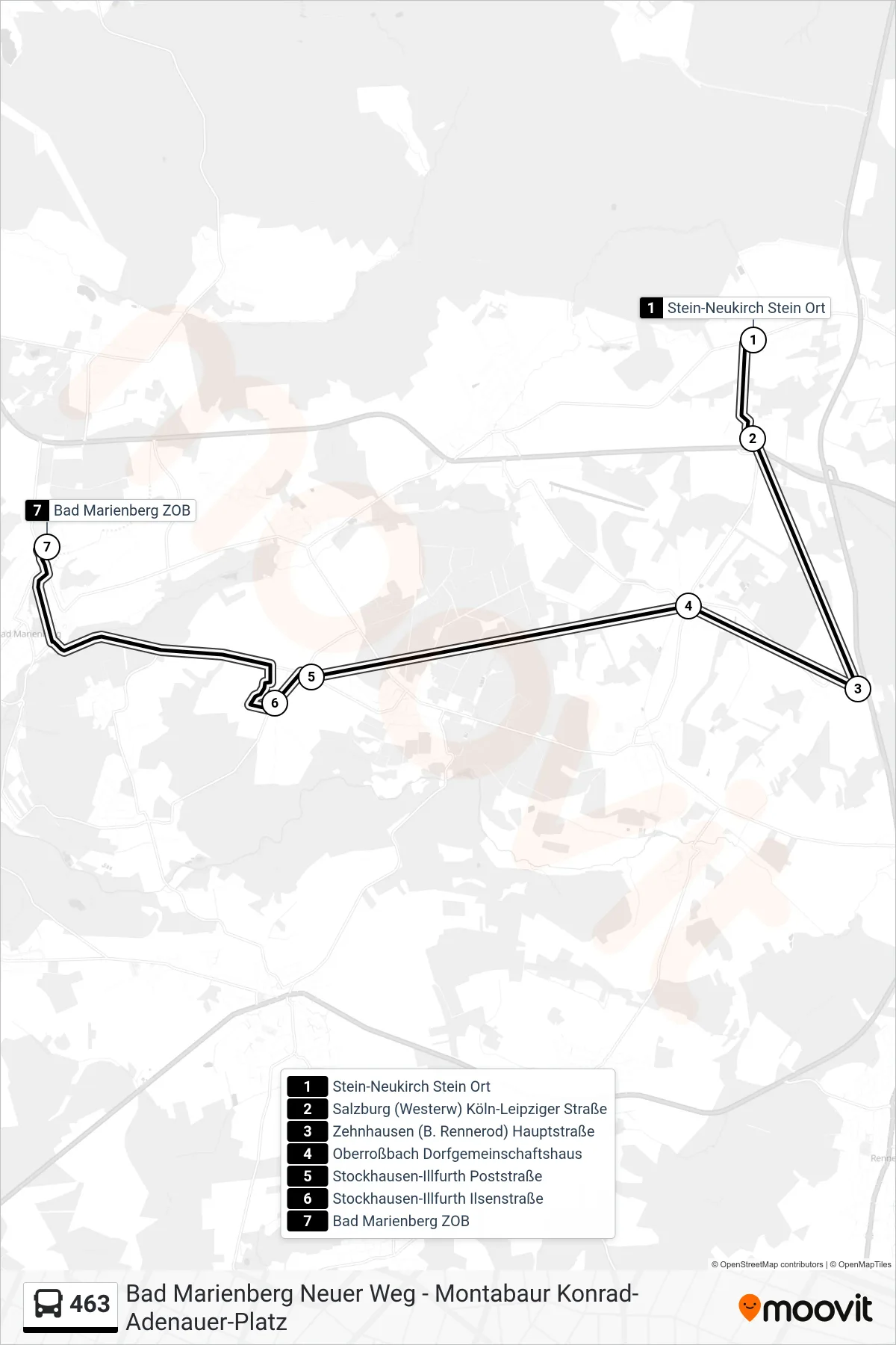 463 bus Line (Bad Marienberg ZOB) route and stops on a map