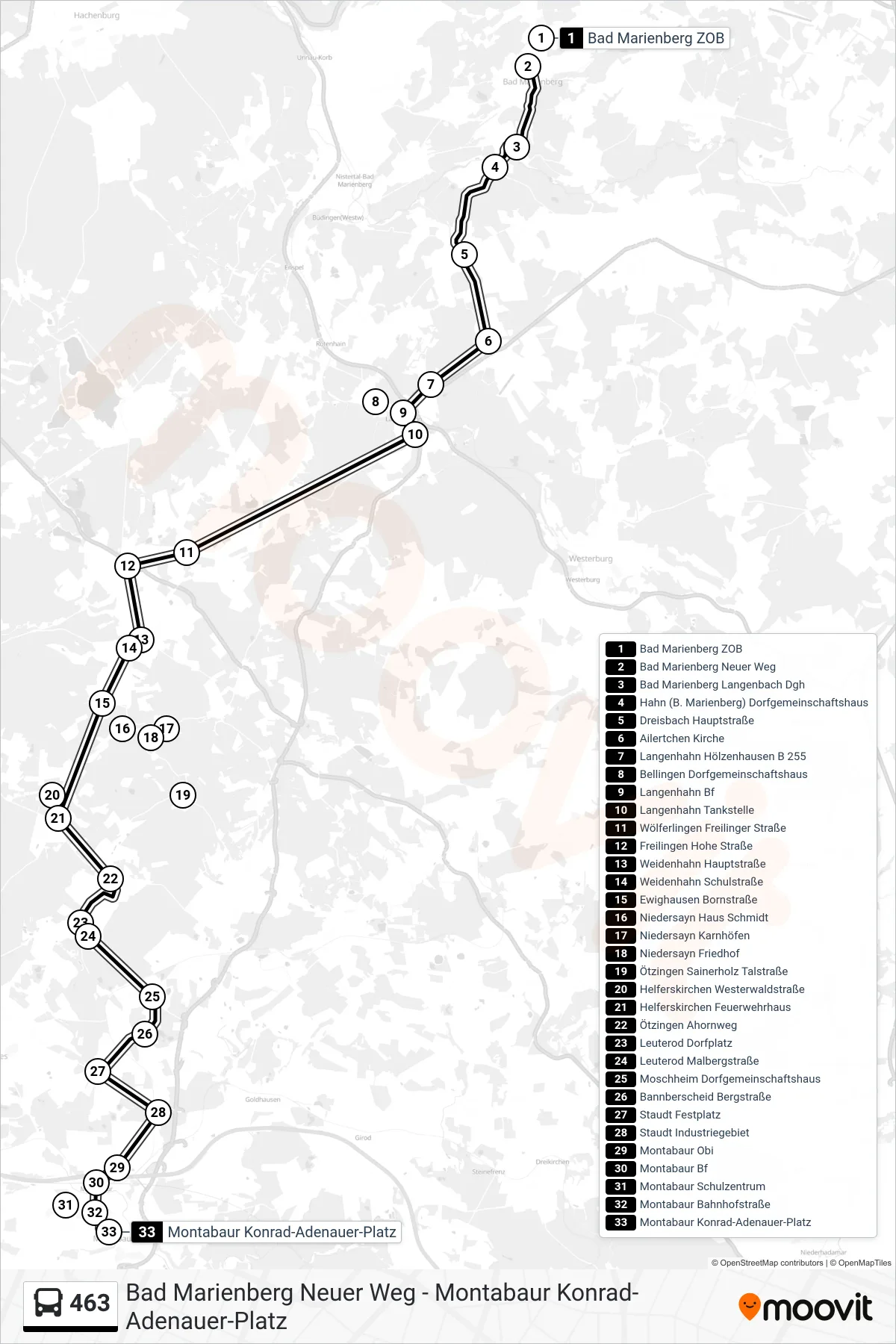 463 bus Line (Montabaur Konrad-Adenauer-Platz) route and stops on a map