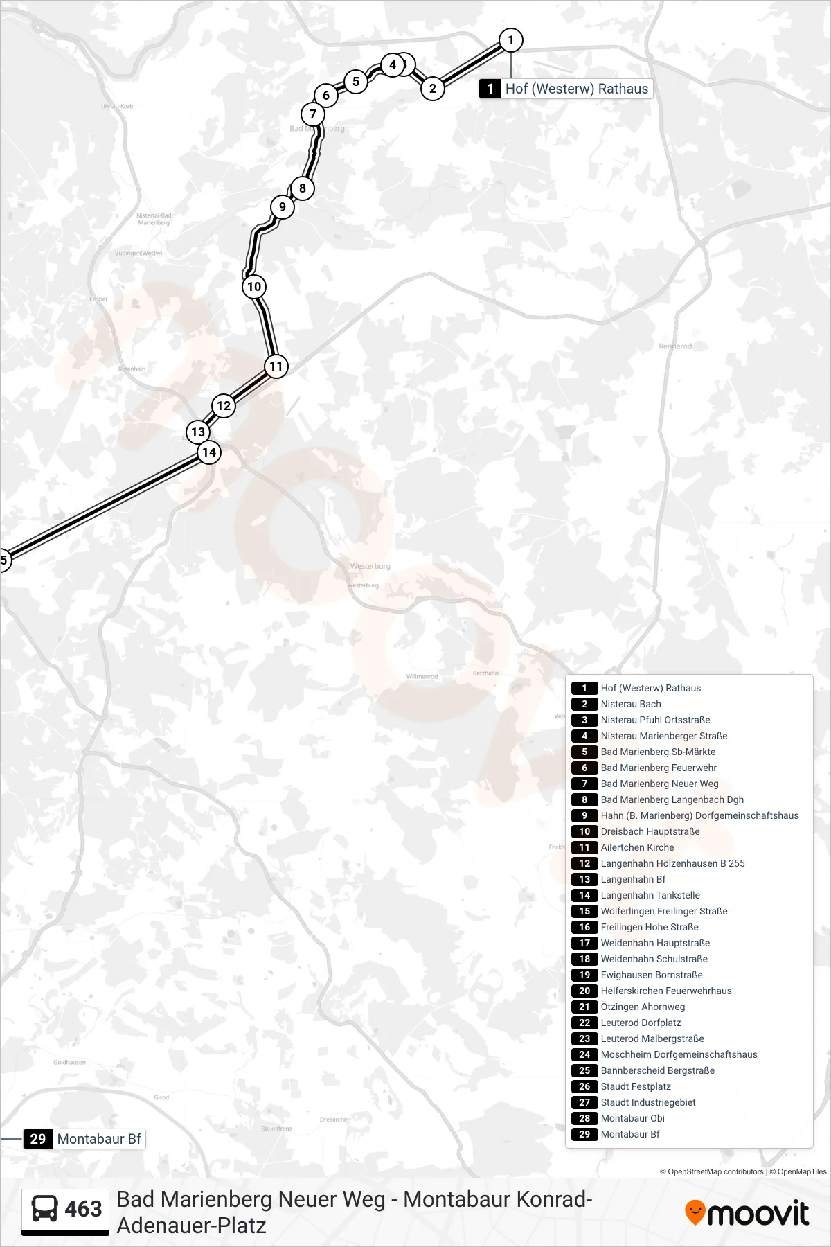 463 bus Line (Montabaur Bf) route and stops on a map
