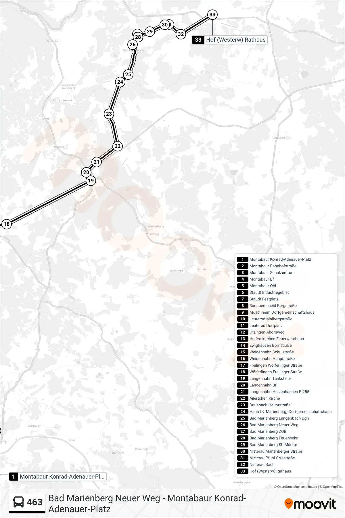 463 bus Line (Hof (Westerw) Rathaus) route and stops on a map