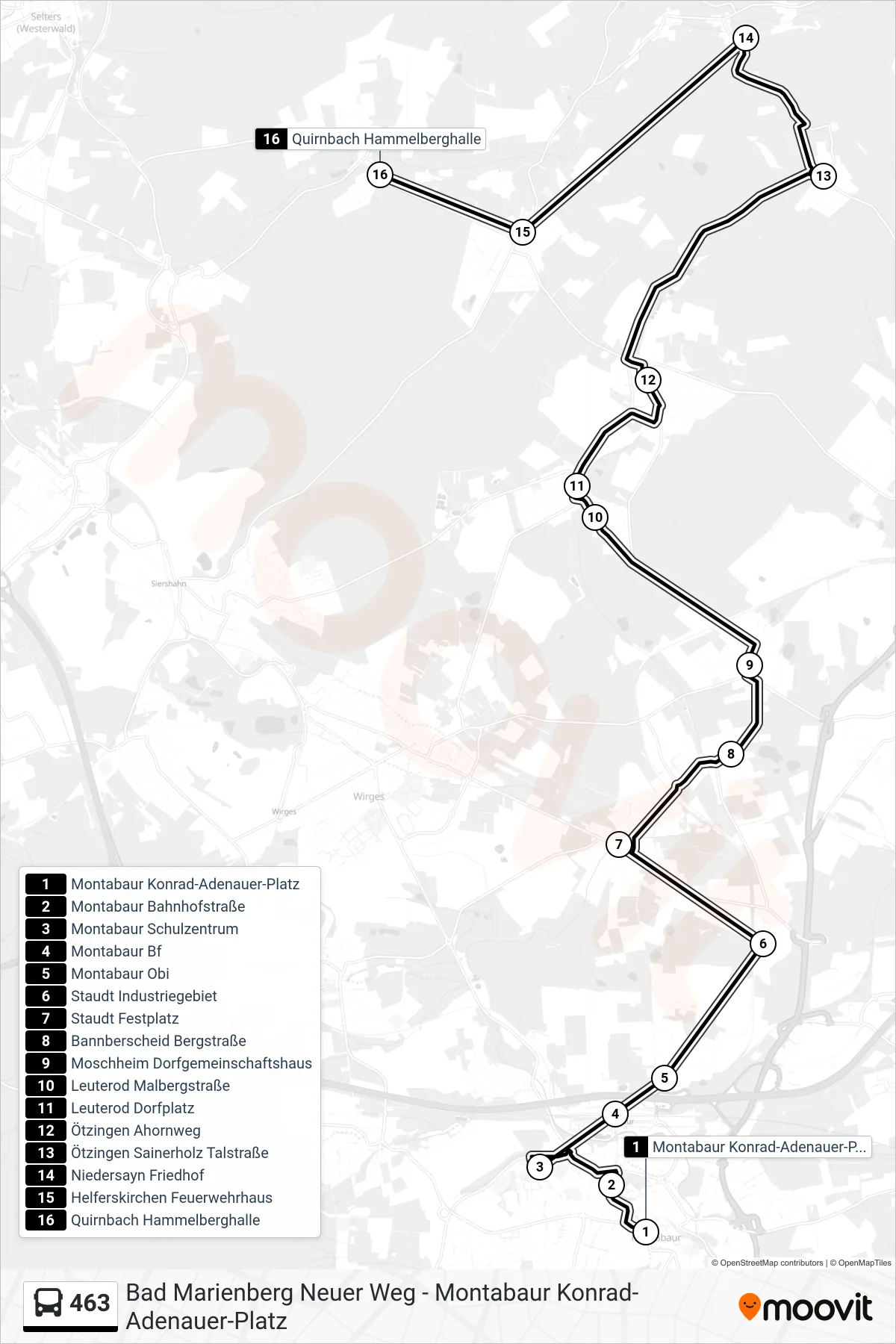463 bus Line (Quirnbach Hammelberghalle) route and stops on a map