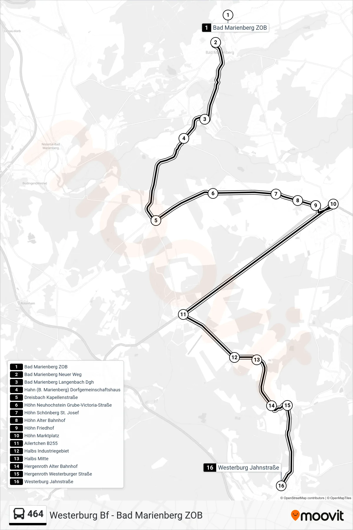 Linie 464 (Bus) Richtung Westerburg Jahnstraße: Route und Haltestellen auf der Karte