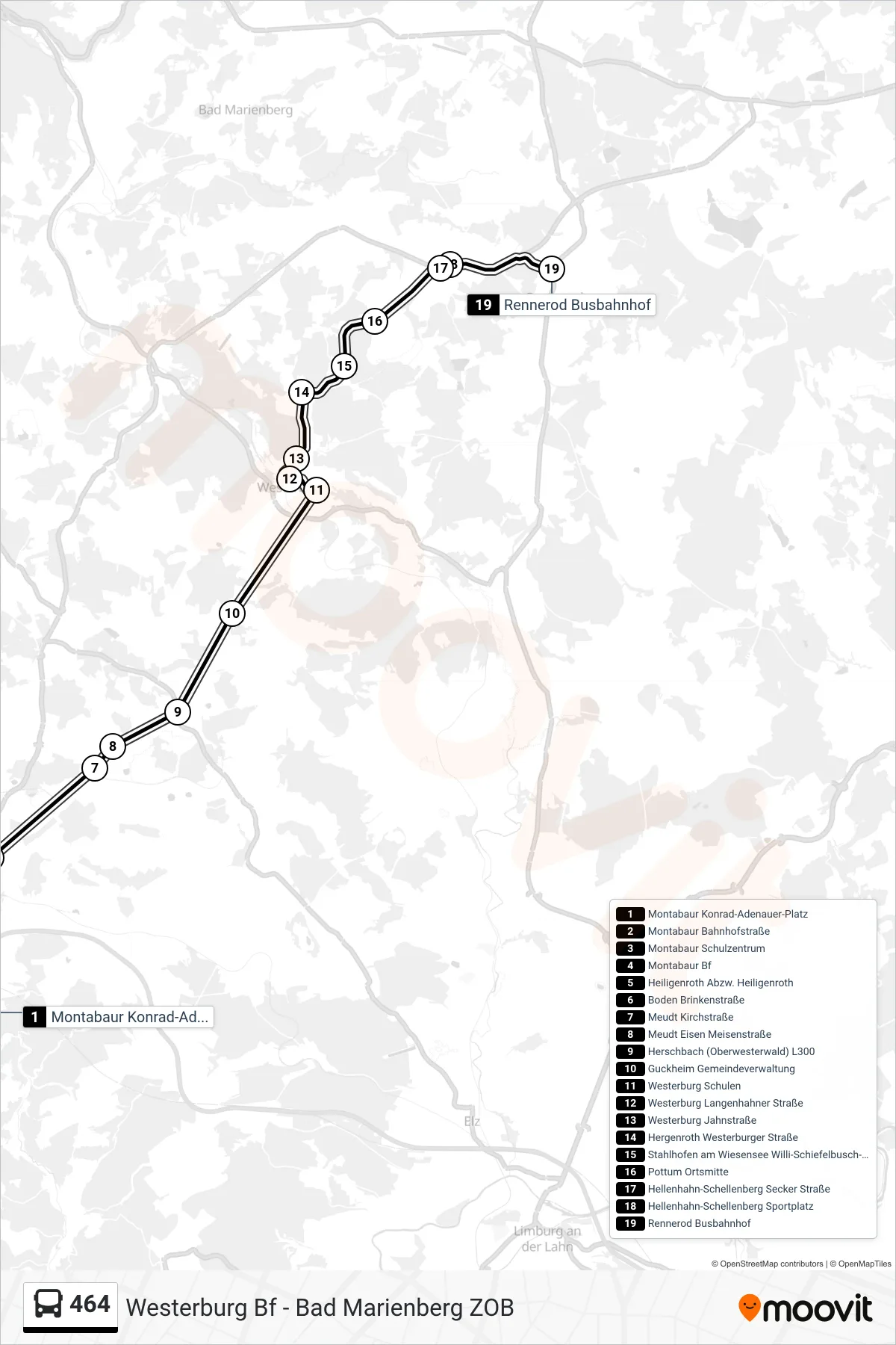 Linie 464 (Bus) Richtung Rennerod Busbahnhof: Route und Haltestellen auf der Karte