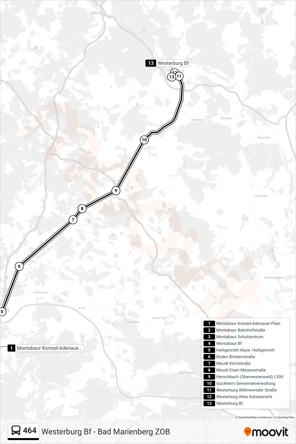 Linie 464 (Bus) Richtung Westerburg Bf: Route und Haltestellen auf der Karte