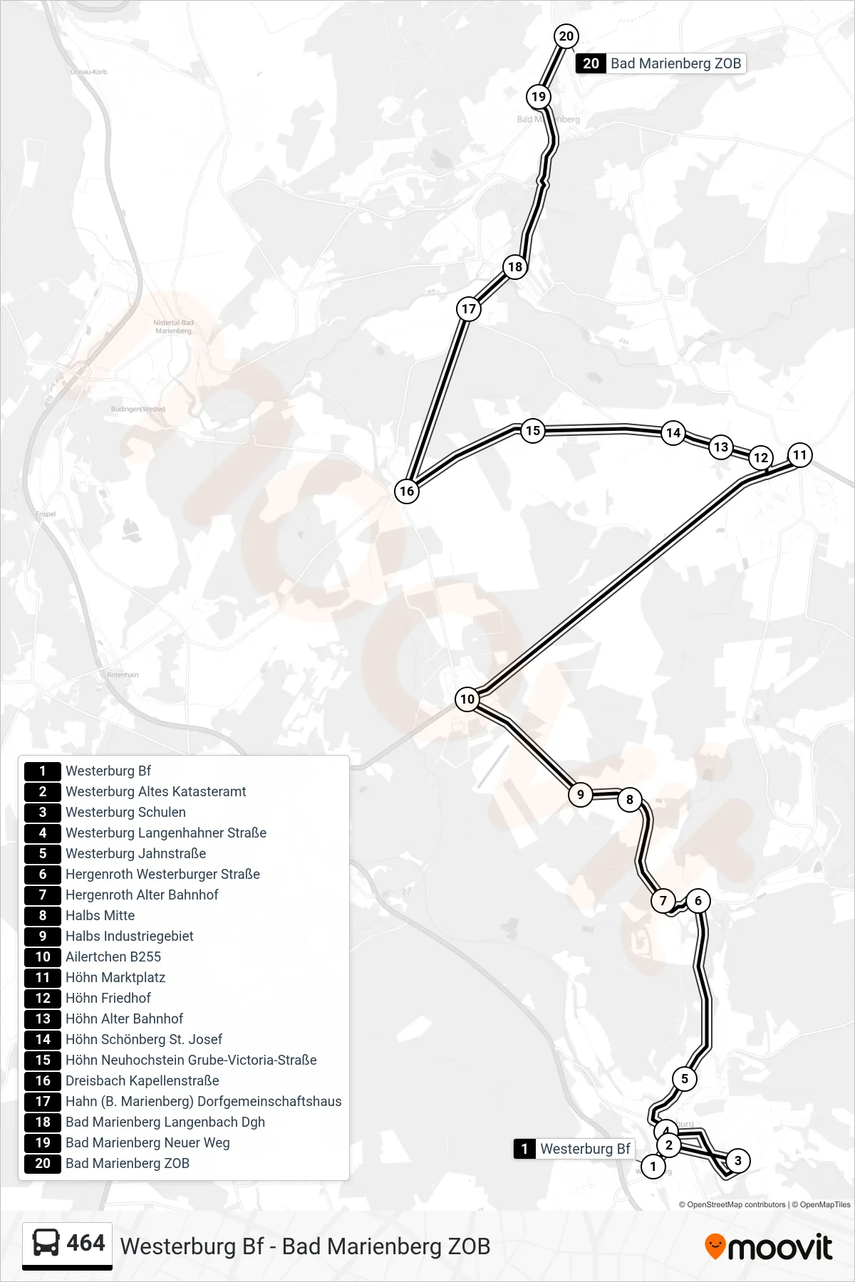 464 bus Line (Bad Marienberg ZOB) route and stops on a map