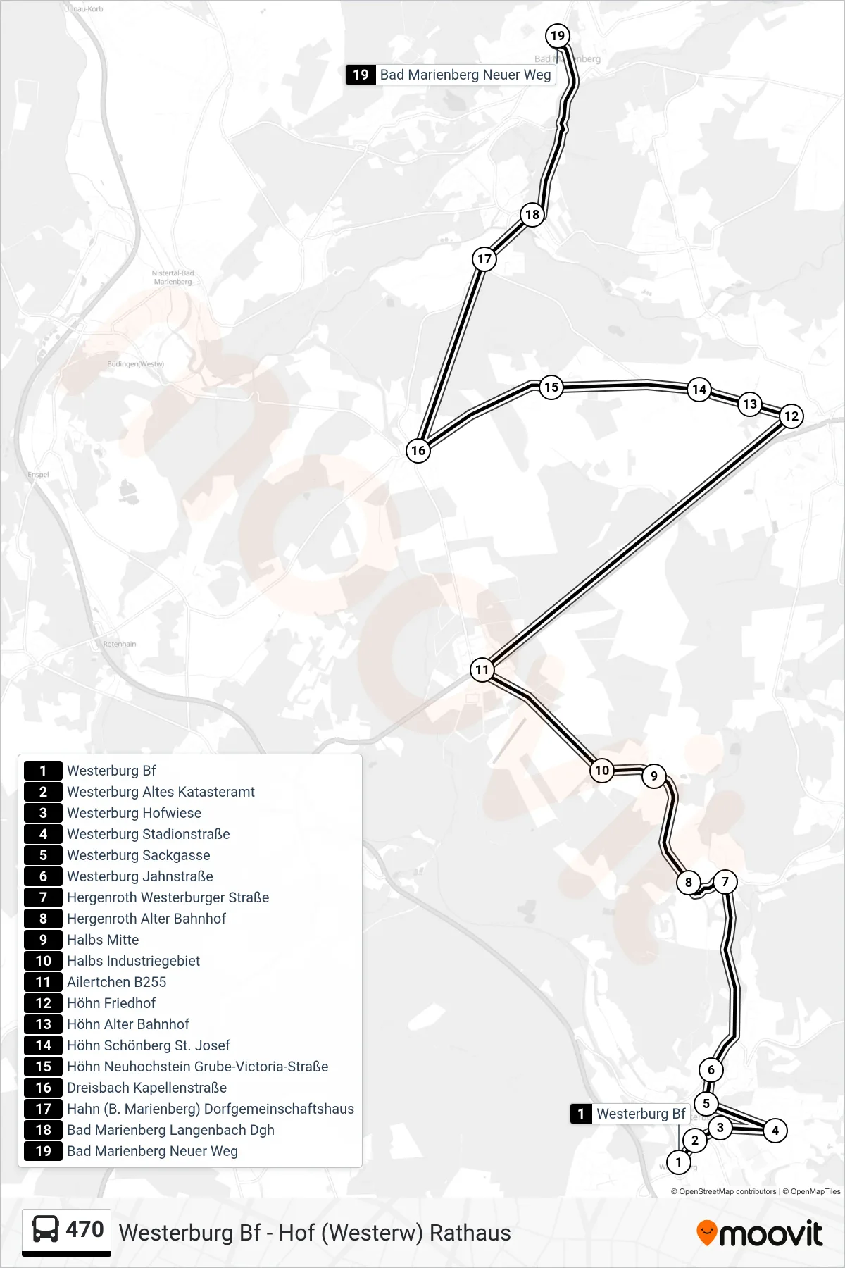 470 bus Line (Bad Marienberg Neuer Weg) route and stops on a map