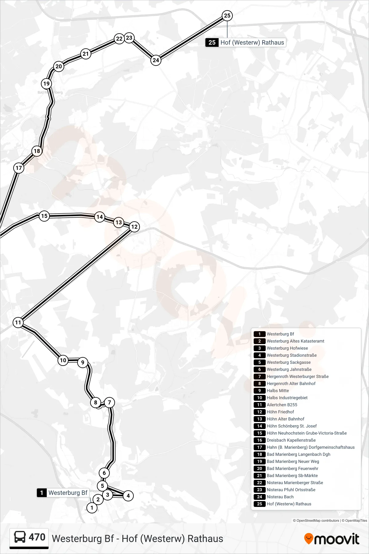 470 bus Line (Hof (Westerw) Rathaus) route and stops on a map