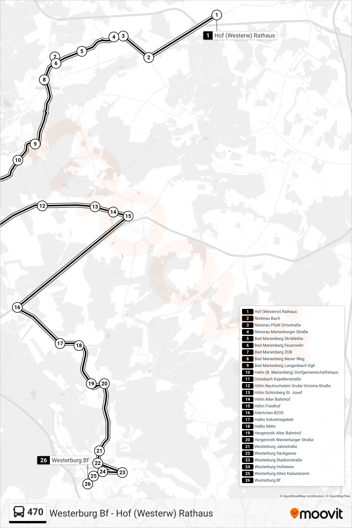 Linie 470 (Bus) Richtung Westerburg Bf: Route und Haltestellen auf der Karte