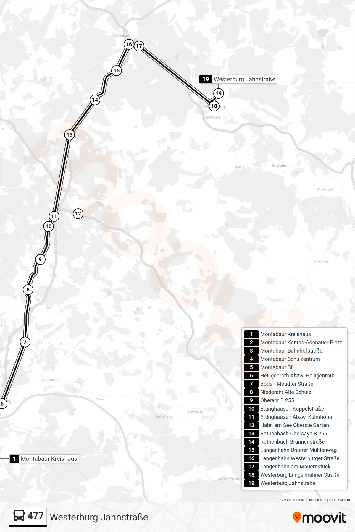 477 bus Line (Westerburg Jahnstraße) route and stops on a map