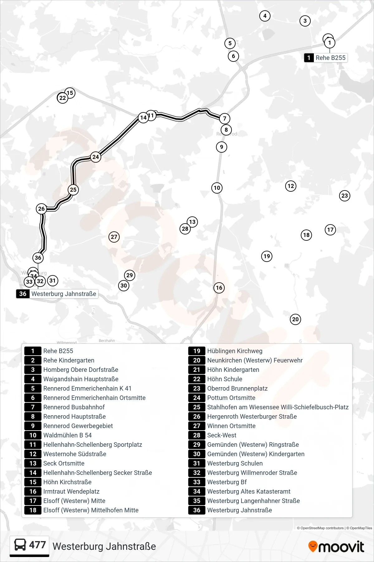 477 bus Line (Westerburg Jahnstraße) route and stops on a map