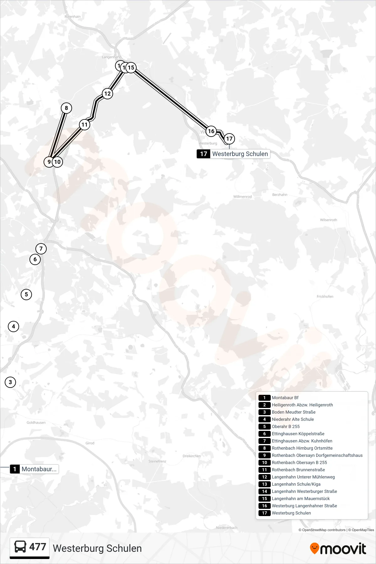 477 bus Line (Westerburg Schulen) route and stops on a map