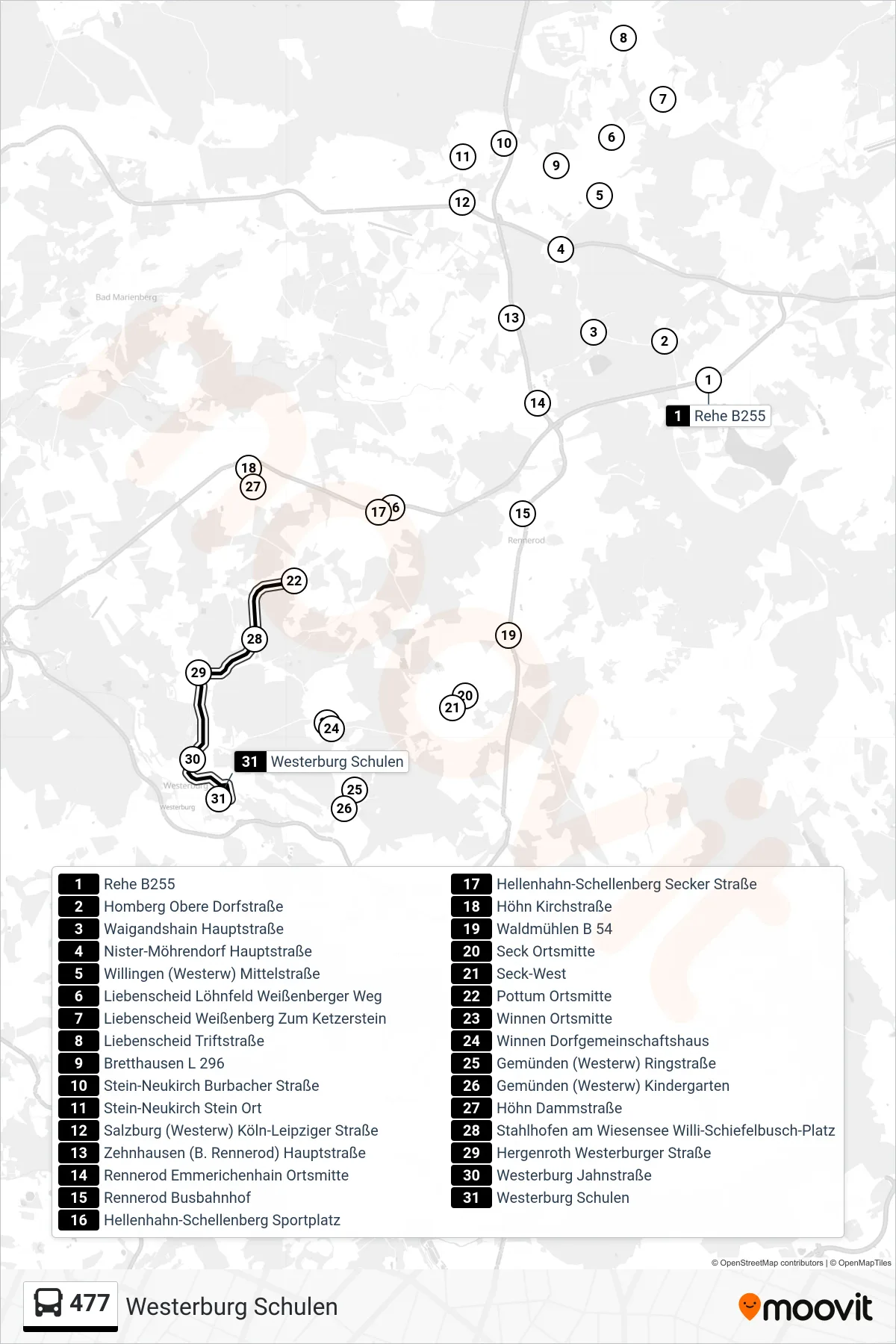 477 bus Line (Westerburg Schulen) route and stops on a map
