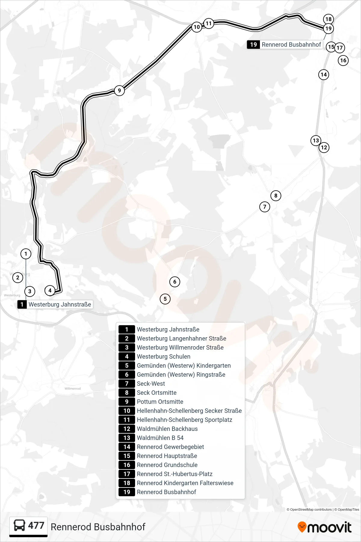 477 bus Line (Rennerod Busbahnhof) route and stops on a map