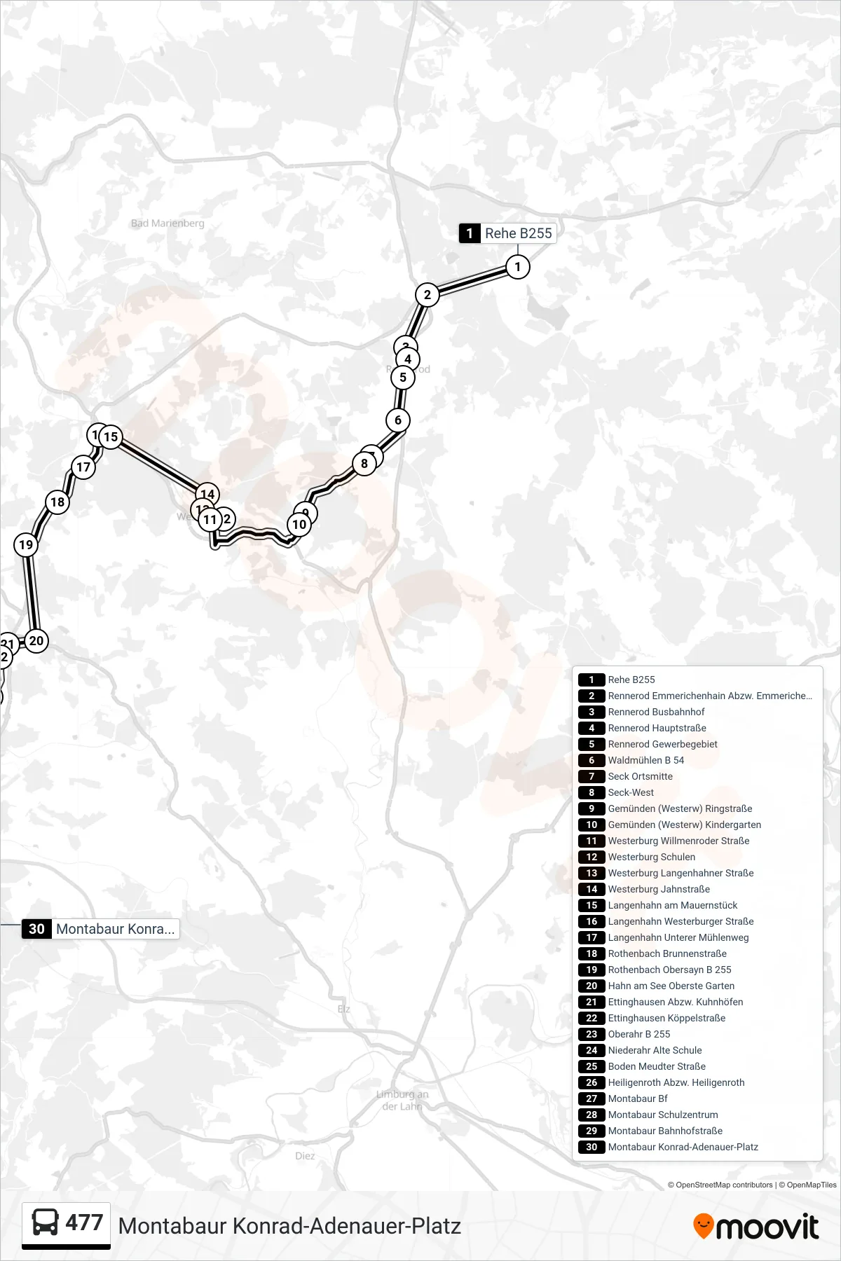 Linie 477 (Bus) Richtung Montabaur Konrad-Adenauer-Platz: Route und Haltestellen auf der Karte