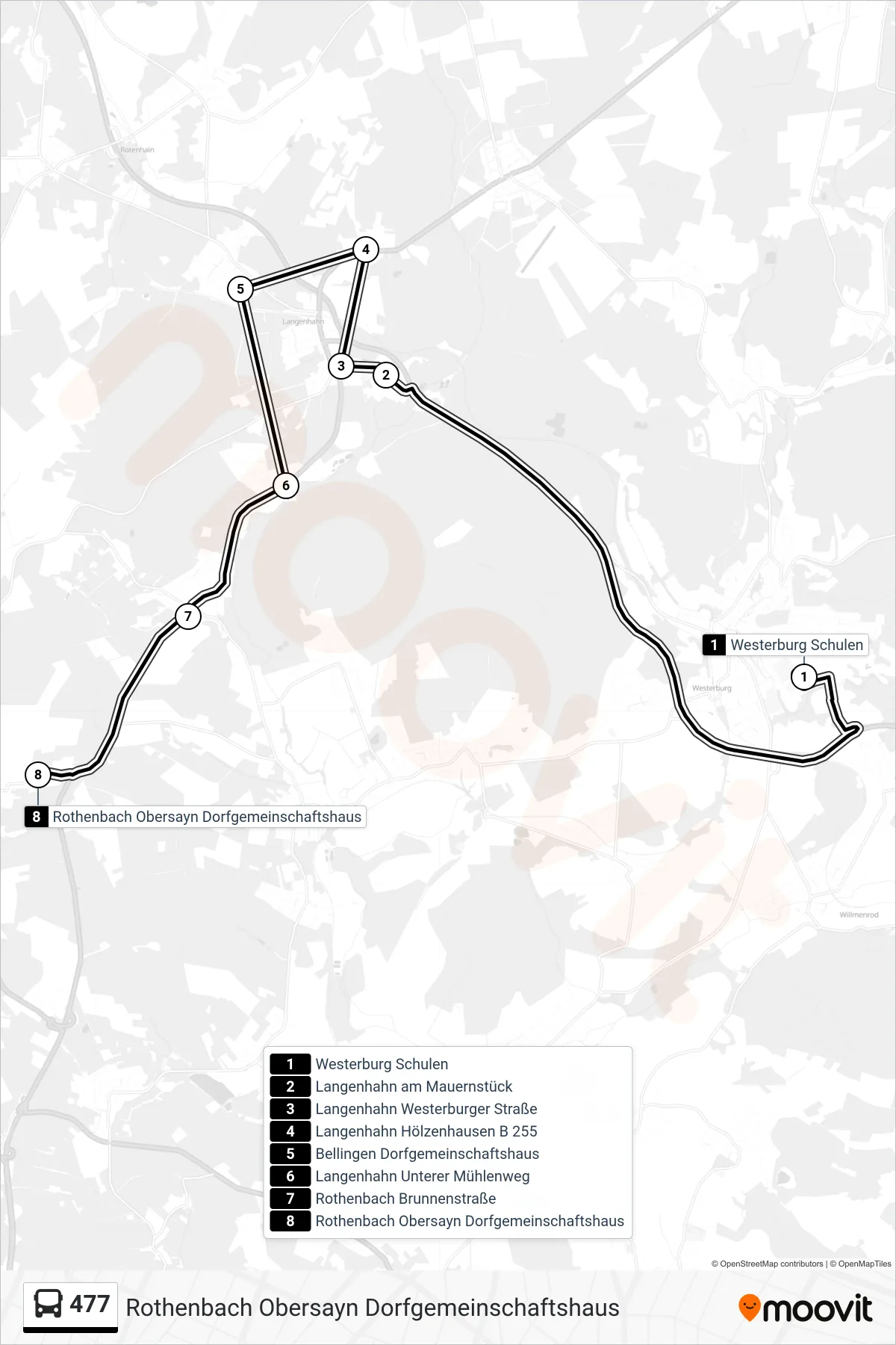 477 bus Line (Rothenbach Obersayn Dorfgemeinschaftshaus) route and stops on a map