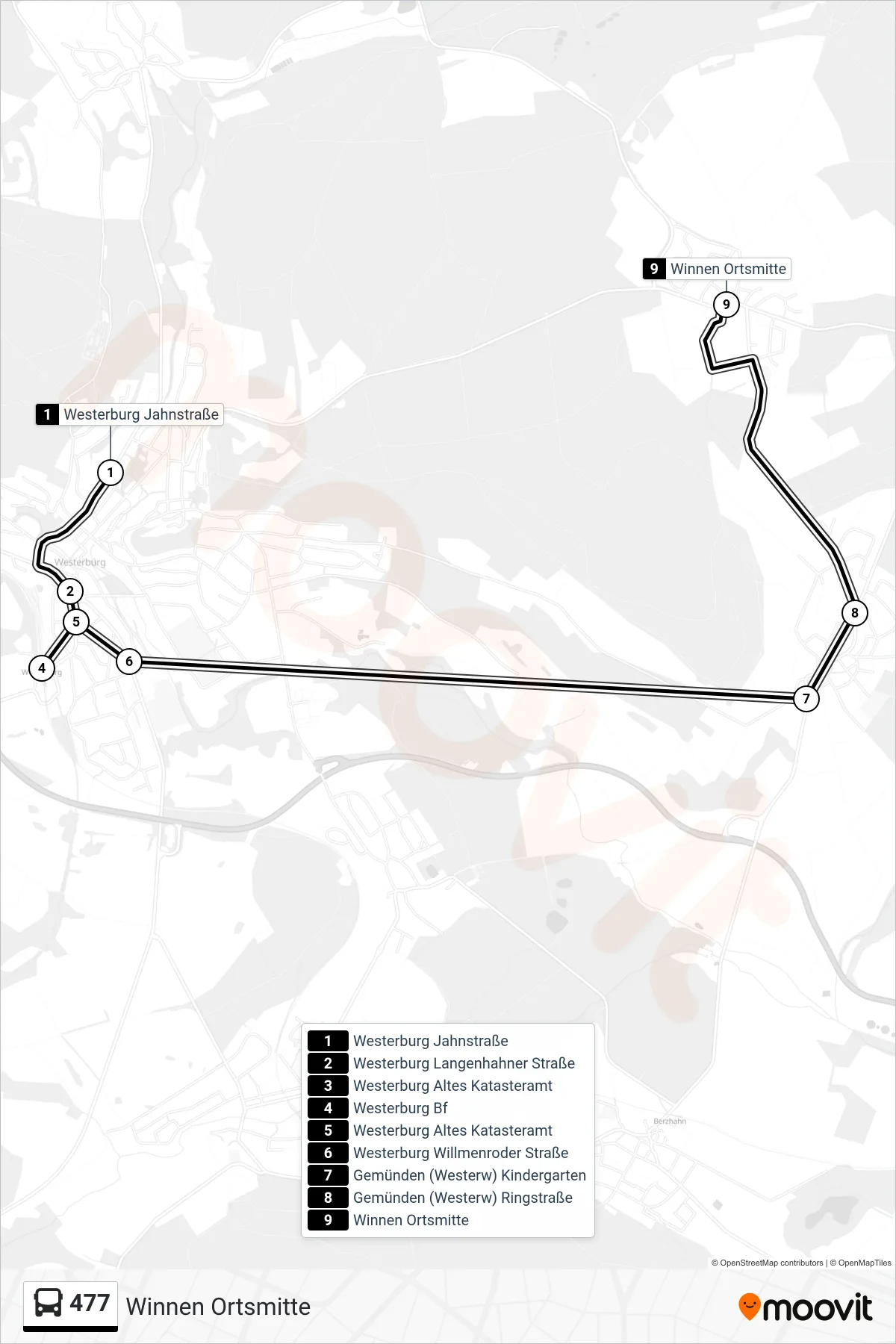 477 bus Line (Winnen Ortsmitte) route and stops on a map