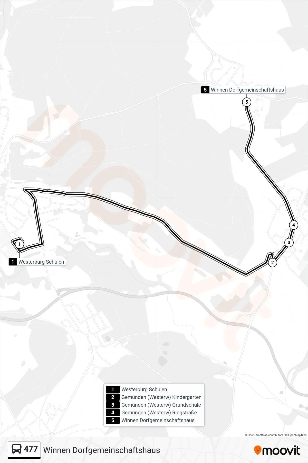 477 bus Line (Winnen Dorfgemeinschaftshaus) route and stops on a map