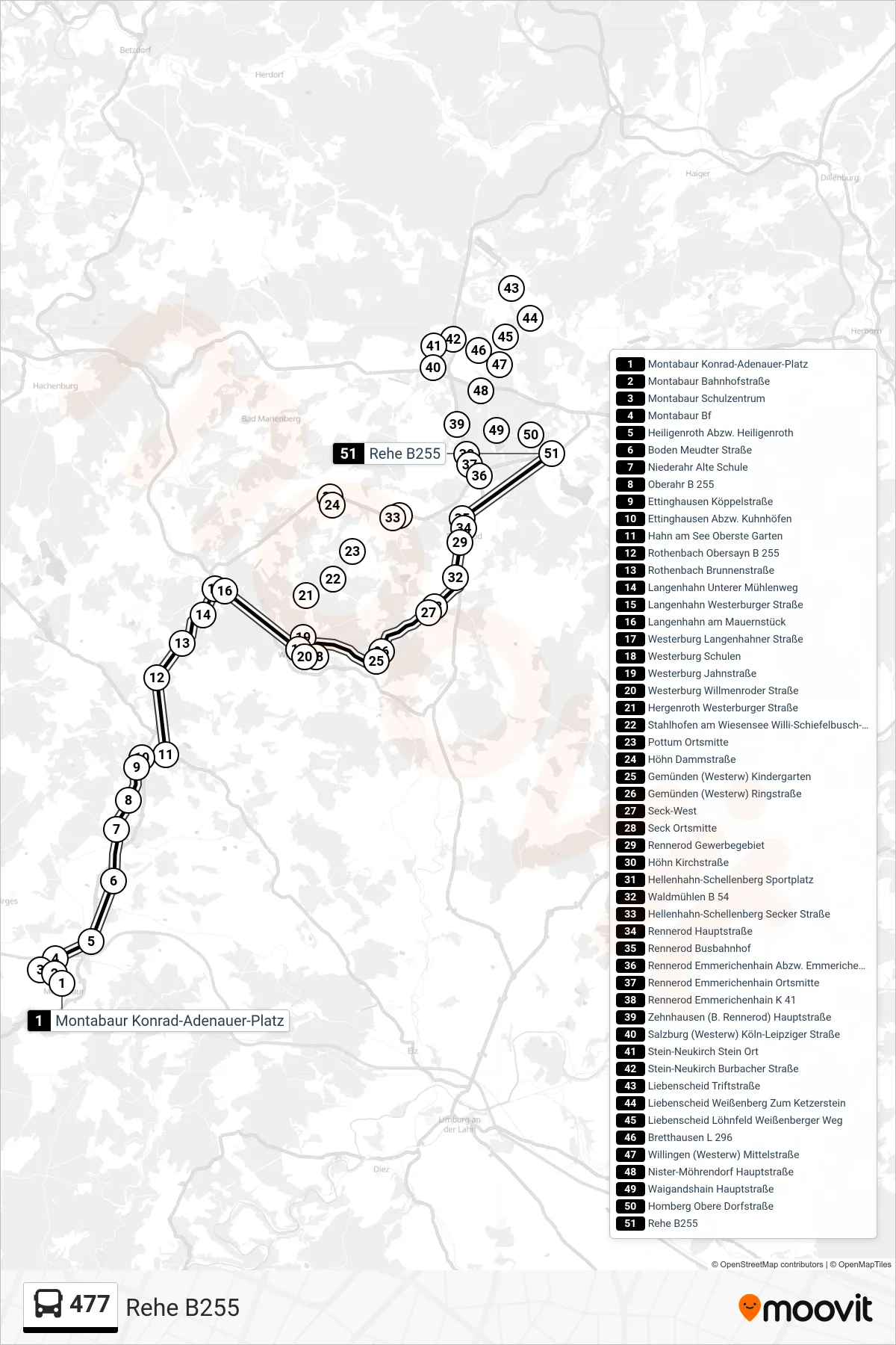 Linie 477 (Bus) Richtung Rehe B255: Route und Haltestellen auf der Karte
