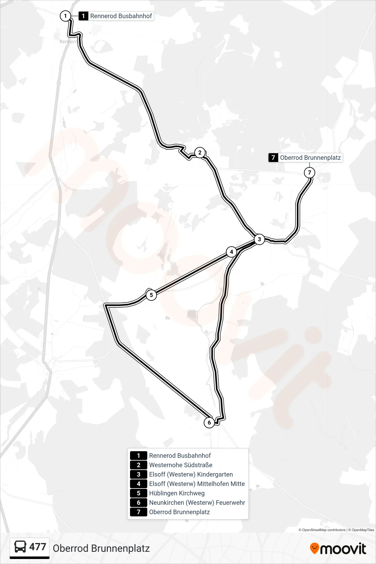 477 bus Line (Oberrod Brunnenplatz) route and stops on a map