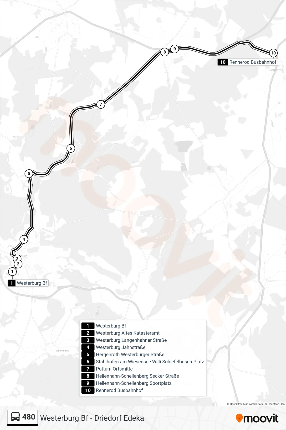 Linie 480 (Bus) Richtung Rennerod Busbahnhof: Route und Haltestellen auf der Karte