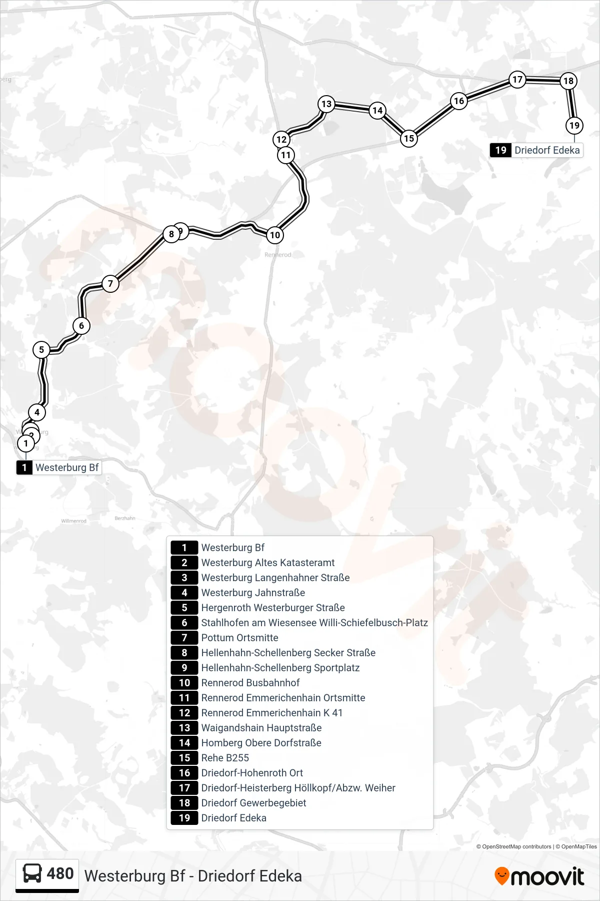 480 bus Line (Driedorf Edeka) route and stops on a map