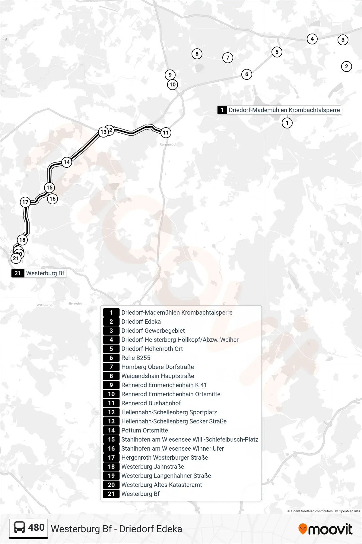 480 bus Line (Westerburg Bf) route and stops on a map