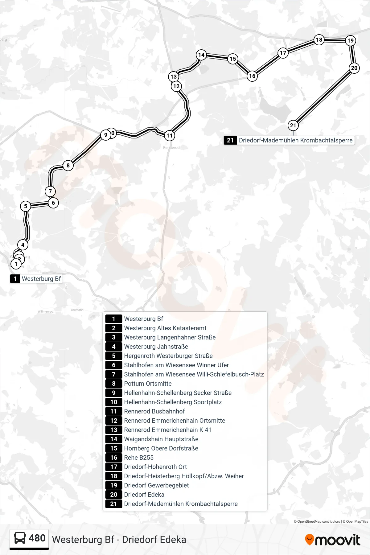 Linie 480 (Bus) Richtung Driedorf-Mademühlen Krombachtalsperre: Route und Haltestellen auf der Karte