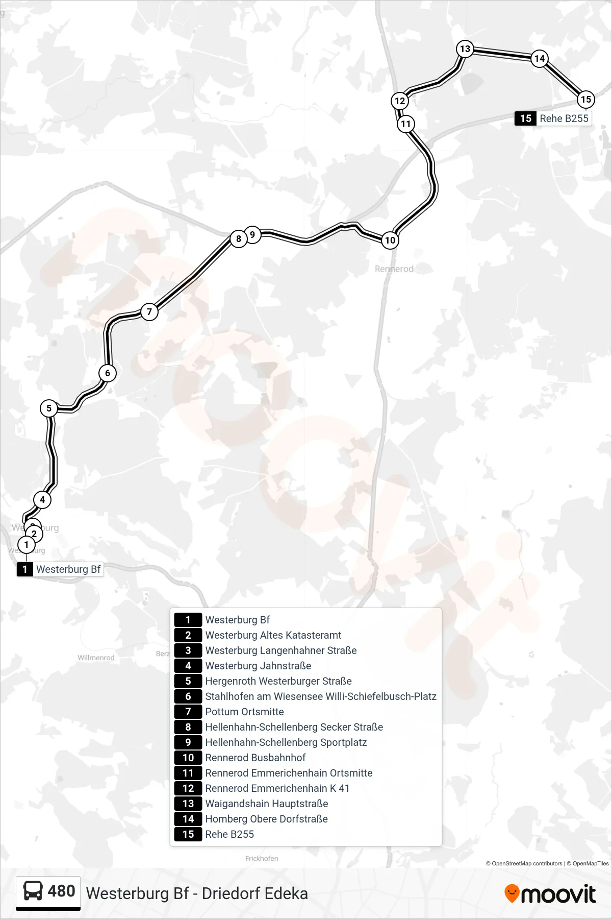 Linie 480 (Bus) Richtung Rehe B255: Route und Haltestellen auf der Karte