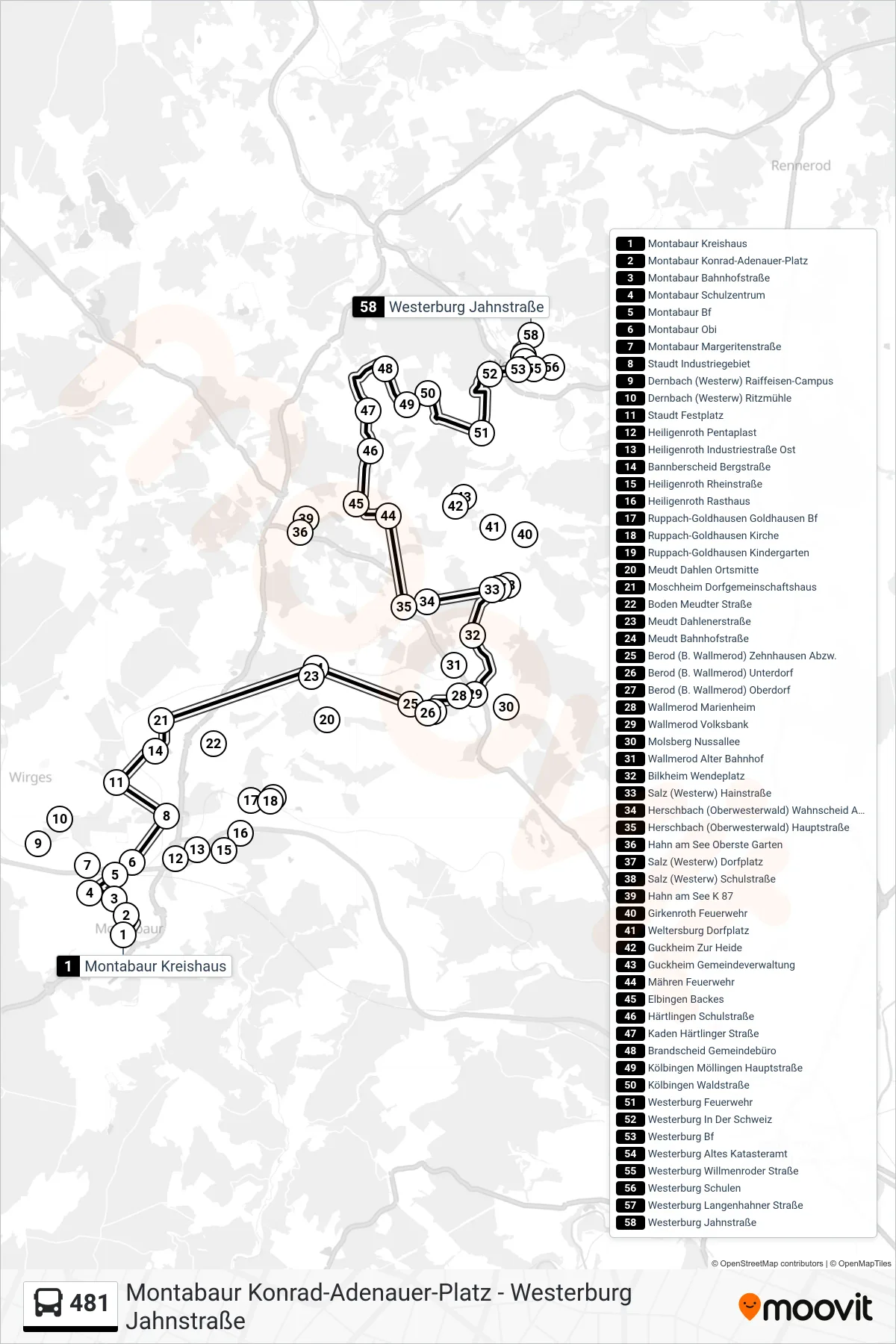481 bus Line (Westerburg Jahnstraße) route and stops on a map