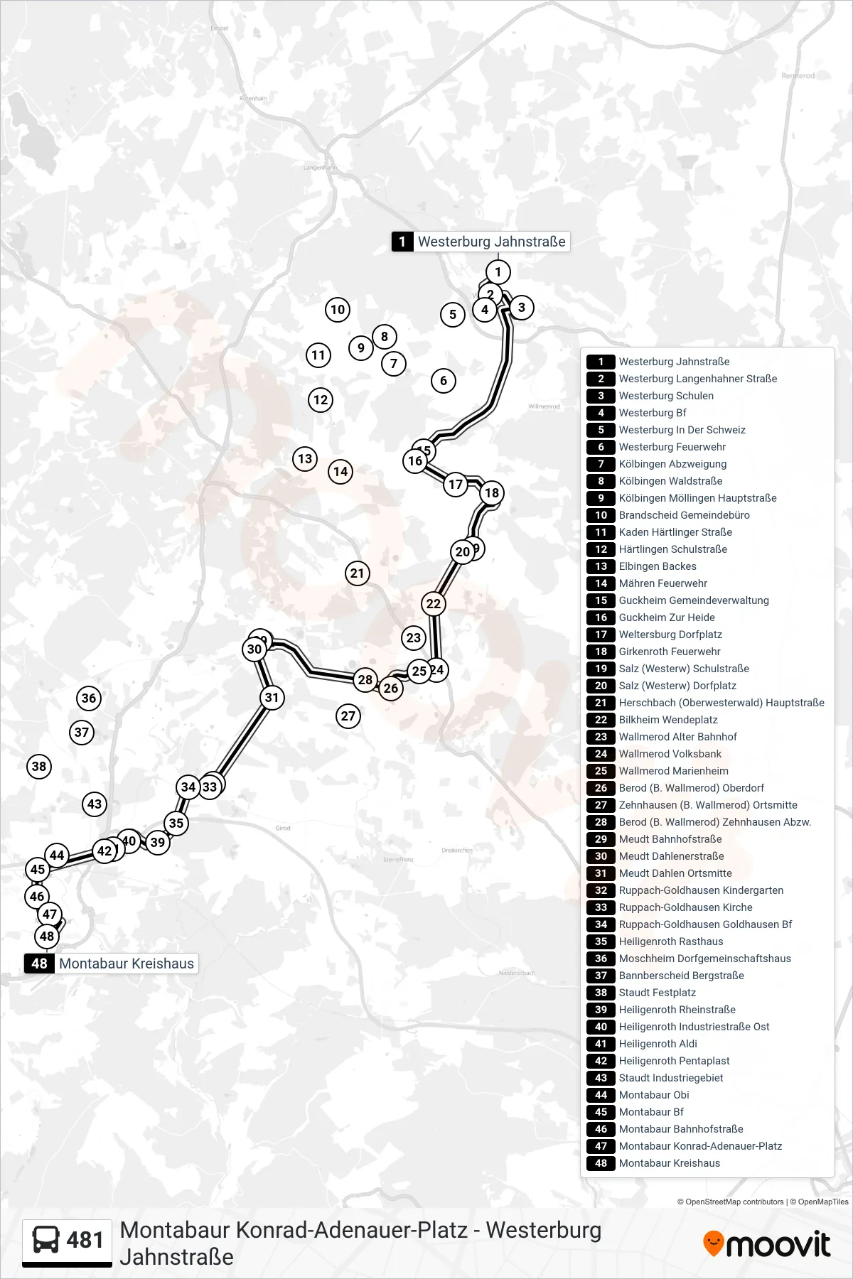 481 bus Line (Montabaur Kreishaus) route and stops on a map