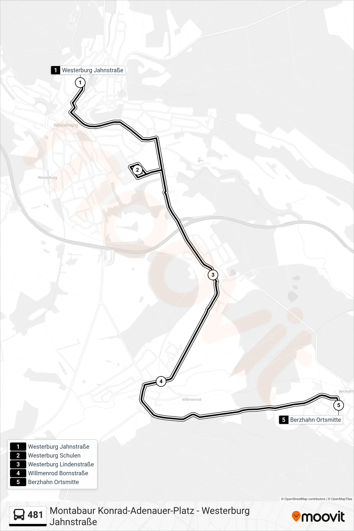 481 bus Line (Berzhahn Ortsmitte) route and stops on a map