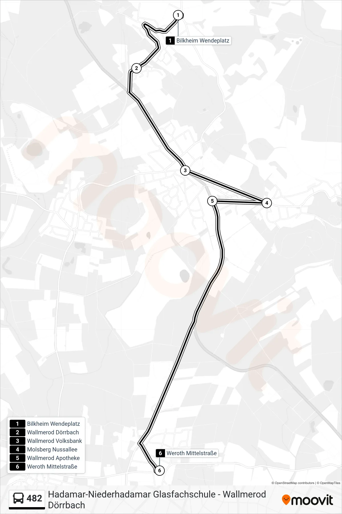 482 bus Line (Weroth Mittelstraße) route and stops on a map
